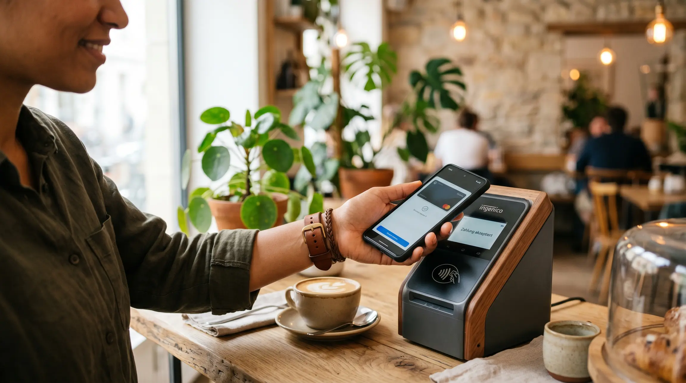 Ein moderner Bezahlvorgang via Smartphone in einem Café